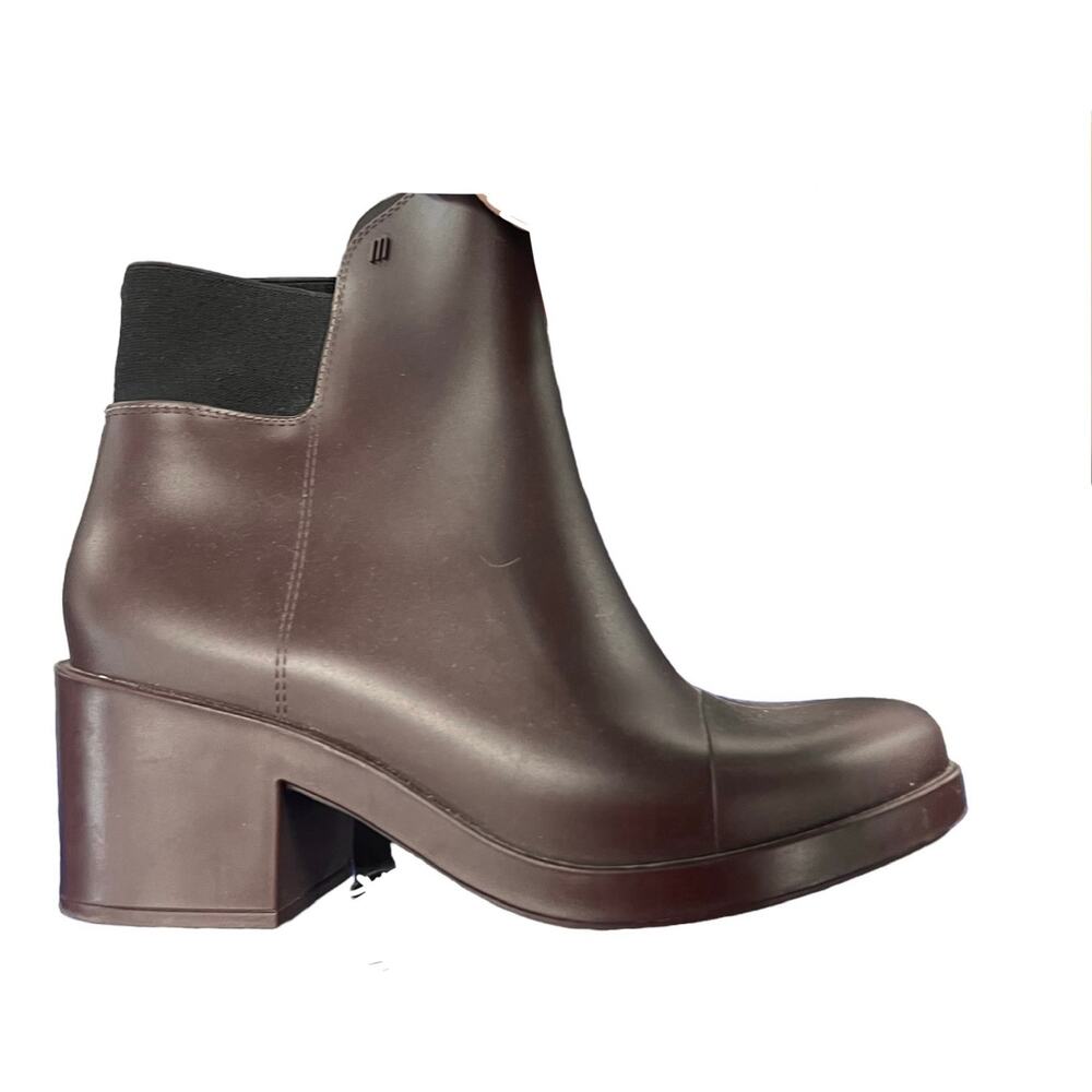 Women Melissa PVC Elastic Capped Toe Chunky Heel Rain Boot Wine SZ 10